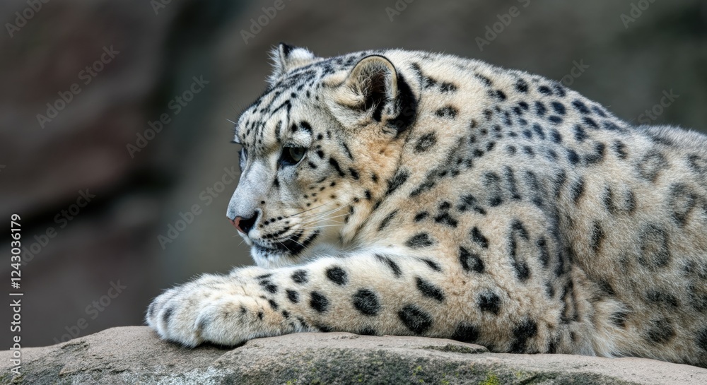 Resting snow leopard with spotted fur on rock in natural habitat Resting snow leopard with spotted fur on rock in natural habitat