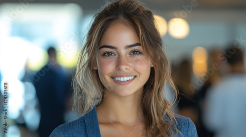 Hispanic business woman wearing blue smart-casual smiling at office activity