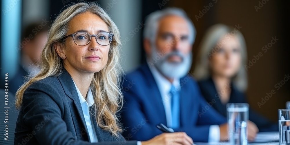 Obraz premium A group of professionals engaged in a meeting within a sleek conference room. They appear concentrated, sharing insights and ideas while taking notes