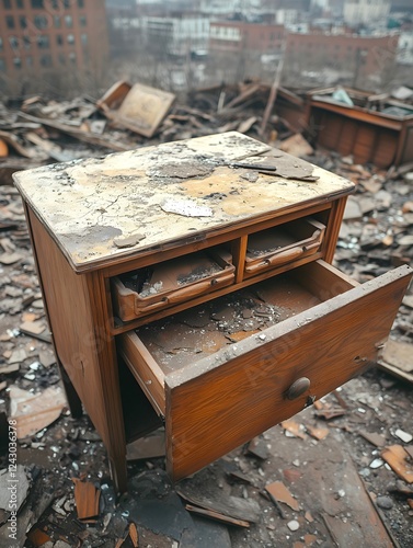 Burnt old chest of drawers, explosion fire damaged apartment block.