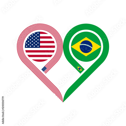 friendship concept. heart symbol icon of united states and brazilian flags. vector illustration isolated on white background