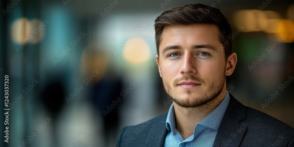 A professional young man stands confidently in a modern office setting filled with natural light. His sharp suit and focused expression convey determination and professionalism A professional young man stands confidently in a modern office setting filled with natural light. His sharp suit and focused expression convey determination and professionalism