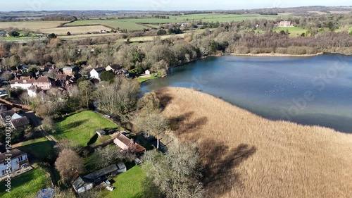 Old Alresford Pond Hampshire UK. Panning drone aerial photo