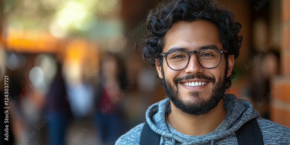 Fototapeta premium Brightly lit environment features a young man with curly hair and glasses wearing a hoodie. He smiles warmly at the camera while others engage in conversation in the background
