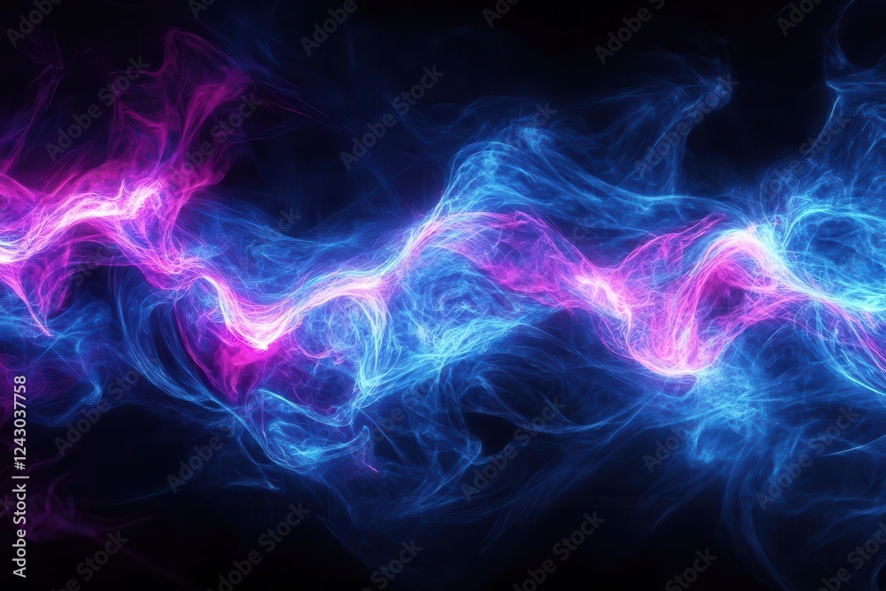 Fototapeta premium flowing waves of electric blue and purple light creating dynamic geometric patterns, digital art style with neon glow effect