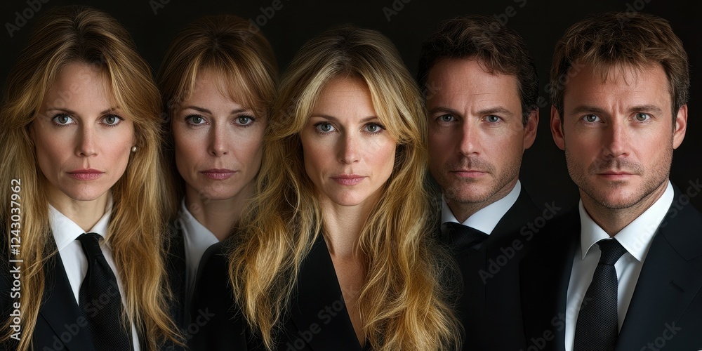 Five individuals stand close together, dressed in elegant black suits and ties, all showing serious expressions Five individuals stand close together, dressed in elegant black suits and ties, all showing serious expressions