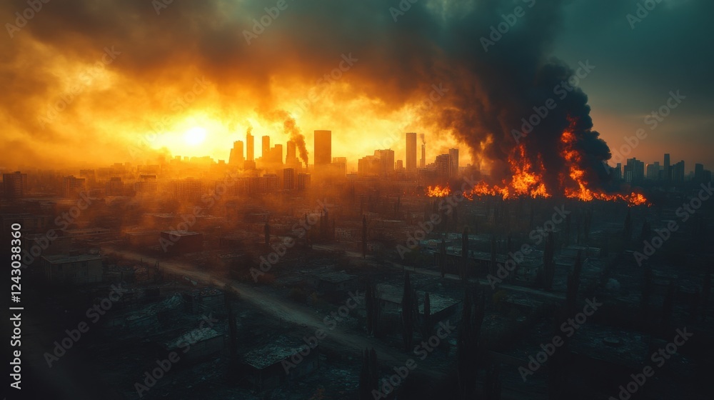 Urban Landscape Engulfed in Flames During Sunset. Generative AI Urban Landscape Engulfed in Flames During Sunset. Generative AI