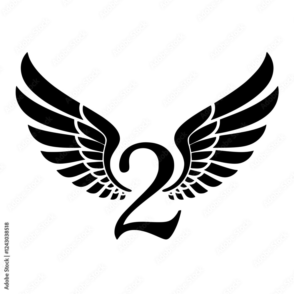 Obraz premium Winged Number 2 Black Logo Design, Black number 2 with symmetrical wings, creating a bold and stylish logo. Ideal for branding, aviation, teamwork, sports, or creative identity. 