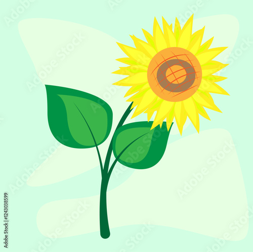 
Drawing of a bright sunflower flower. On a light blue background. Vector image.