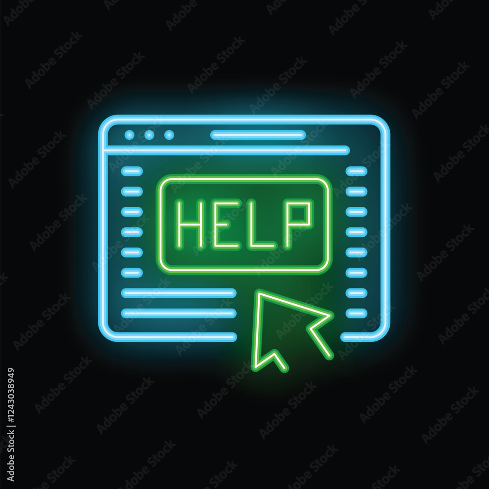 Neon sign of a website with a help button being clicked by a mouse cursor