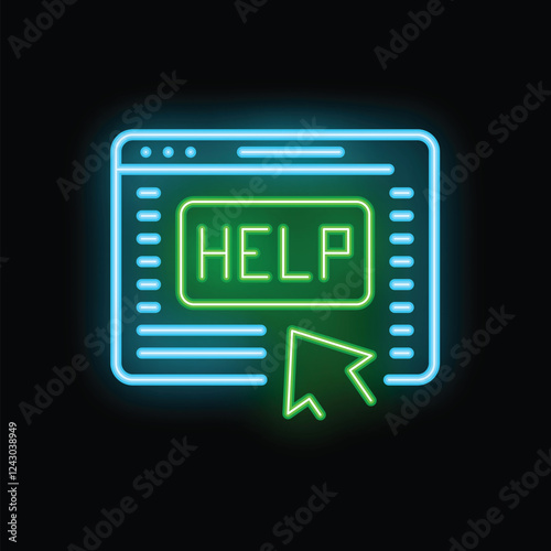 Neon sign of a website with a help button being clicked by a mouse cursor