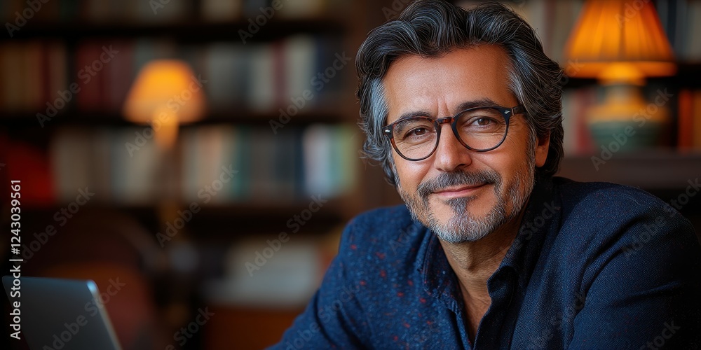 A middle-aged man with glasses sits at a wooden table in a warm, well-lit library, smiling while using his laptop. Bookshelves filled with books surround him, adding to the inviting atmosphere A middle-aged man with glasses sits at a wooden table in a warm, well-lit library, smiling while using his laptop. Bookshelves filled with books surround him, adding to the inviting atmosphere