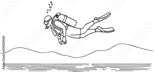 single line art scuba divers on white background vector illustration