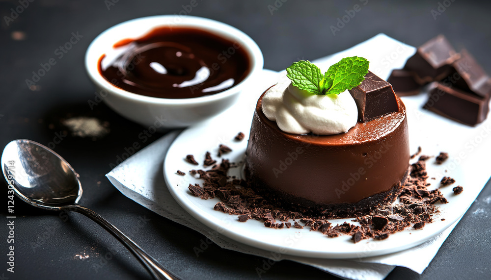 Indulge in this rich chocolate mousse cake, topped with whipped cream and fresh mint, served with a side of luscious chocolate sauce. Indulge in this rich chocolate mousse cake, topped with whipped cream and fresh mint, served with a side of luscious chocolate sauce.