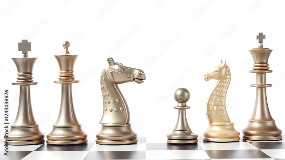 Isolate of set chess fighting include King, queen, bishop, knight, pawn, rook on white background with clipping path. Generative AI Isolate of set chess fighting include King, queen, bishop, knight, pawn, rook on white background with clipping path. Generative AI