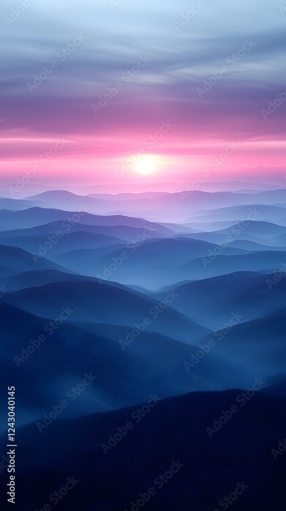 Obraz premium A serene view of rolling blue mountains at sunset, with a soft gradient of pink and purple hues lighting up the sky, creating a tranquil and peaceful atmosphere.