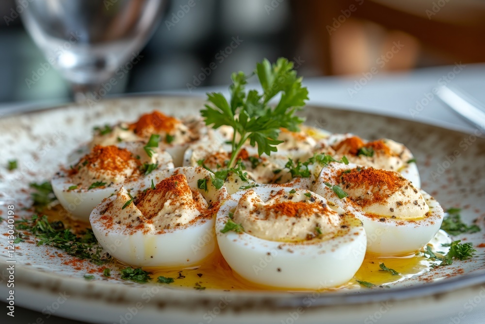 Deviled eggs, paprika, parsley, restaurant, lunch Deviled eggs, paprika, parsley, restaurant, lunch
