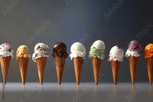 A colorful lineup of ice cream cones showcasing an array of flavors.