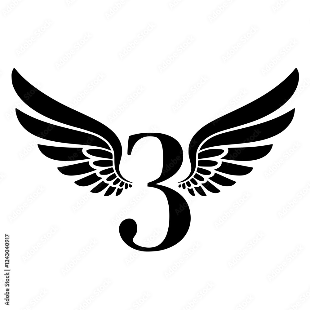 Obraz premium Winged Number 3 Black Logo Design, Black number 3 with symmetrical wings, creating a bold and stylish logo. Ideal for branding, aviation, creativity, sports, or business identity. 
