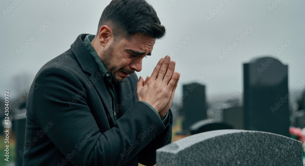 Young caucasian male mourning at a cemetery on a cloudy day Young caucasian male mourning at a cemetery on a cloudy day