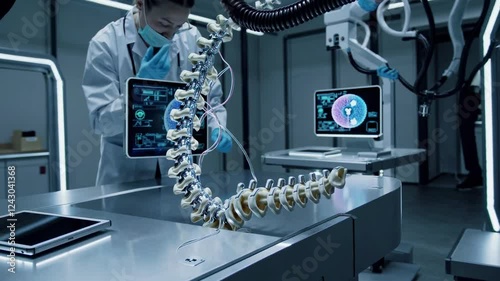 Exploration of advanced spinal surgery techniques in a modern medical facility with digital enhancements