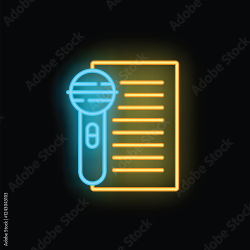 Neon microphone icon glowing next to a list on black background, concept for karaoke bar or music