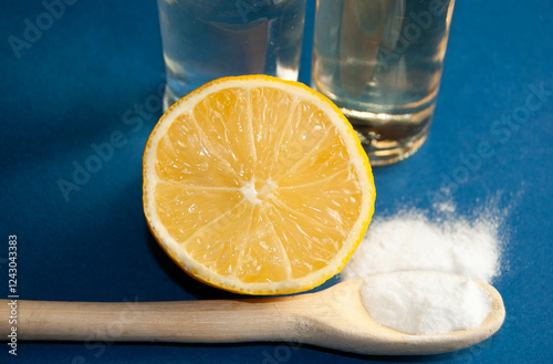 A well-composed arrangement of natural cleaning and health ingredients, including baking soda, fresh lemon, vinegar, and apple cider, placed on a vibrant blue background.