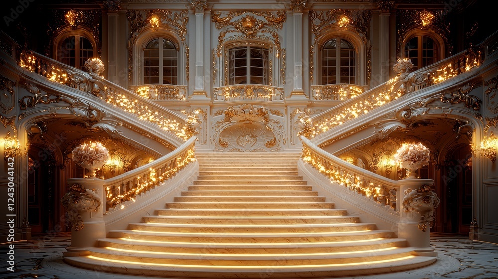 Warm, inviting string lights and delicate white blossoms adorn the grand marble staircase, creating an ethereal and luxurious environment ideal for a special occasion Warm, inviting string lights and delicate white blossoms adorn the grand marble staircase, creating an ethereal and luxurious environment ideal for a special occasion