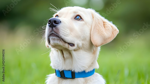 Labrador puppy looking up, outdoors, green background, pet portrait photo