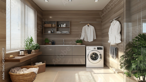 A modern, minimalist laundry room with light gray cabinets, wood-look tile walls, white washing machine, and neutral tones, featuring simple shelves, a white shirt, and a wicker basket