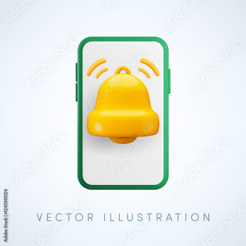 Vector cartoon 3d smartphone notification, alarm concept. Cute realistic render of gold ringing bell on smartphone screen. New message symbol. Attention signal, reminder 3d icon for social media, app.