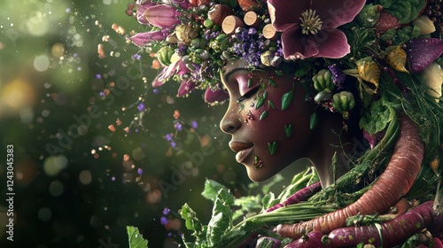 Serene woman adorned with vibrant flowers and vegetables, symbolizing nature's beauty. photo