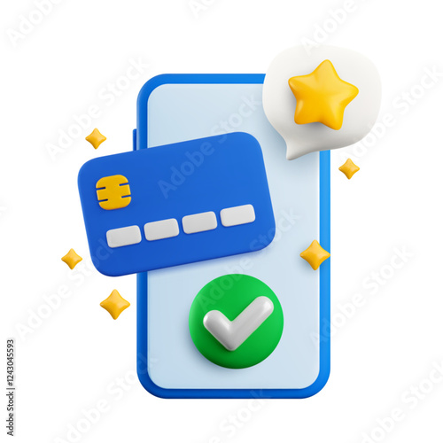 Vector cartoon 3d Mobile payment concept. 3d render credit card, check mark tick, message speech bubble on smartphone screen. Approved online purchase, electronic banking successful transaction banner