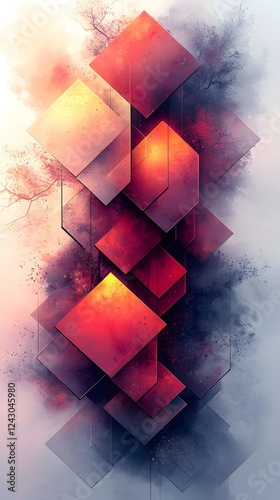An abstract digital artwork featuring floating geometric shapes in shades of red and orange, creating a vibrant and dynamic composition against a soft, smoky background.