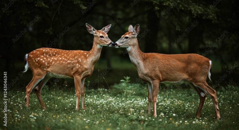 Two young deer interacting in lush green meadow Two young deer interacting in lush green meadow