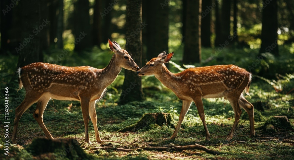Two young deer grazing in sunlit forest glade Two young deer grazing in sunlit forest glade