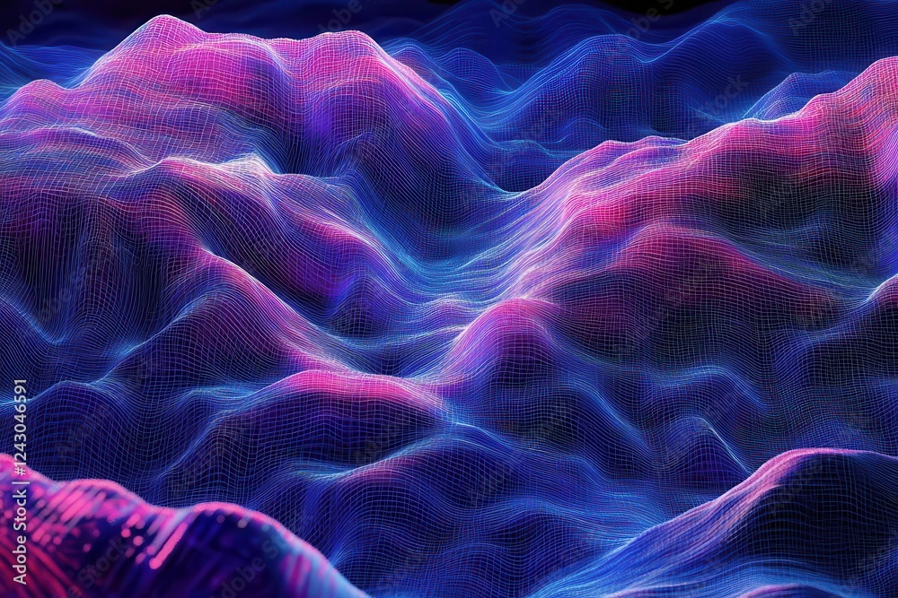 Fototapeta premium futuristic digital landscape with flowing data streams, deep blue cybernetic grid patterns, abstract technological visualization