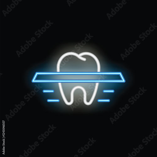 Blue neon icon of a tooth being scanned, symbolizing dental technology and innovation in oral healthcare