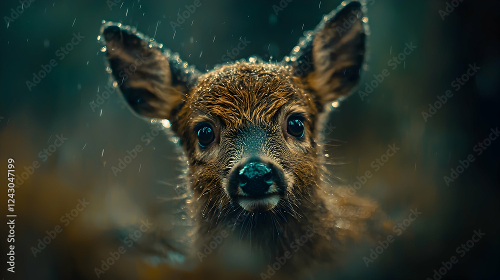 Fototapeta premium Fawn in rain, forest background, nature photography, wildlife