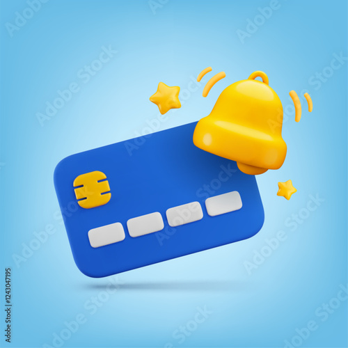 Vector cartoon 3d bill payment notification, banking transaction reminder banner. Realistic 3d render of debit card with ringing bell for e-banking, online payment concept, web, financial app.