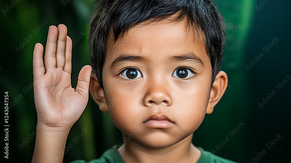 Close Up Portrait of a Sweaty Young Boy Raising Hand Against Green Background Close Up Portrait of a Sweaty Young Boy Raising Hand Against Green Background