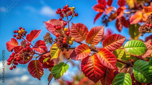 New Poison Oak Leaves and Berries on a Sky Background photo