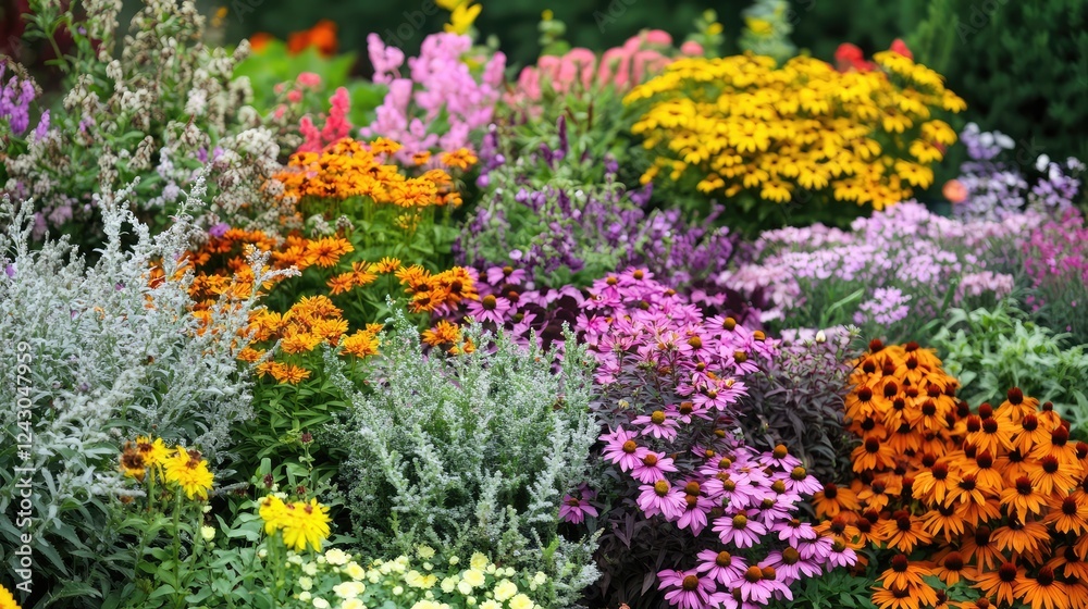 An array of blooming perennial plants with natural sunlight and a blurred background for easy customization of graphics. An array of blooming perennial plants with natural sunlight and a blurred background for easy customization of graphics.