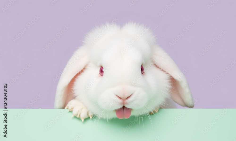 Fluffy bunny peeking over a pastel green table with a gentle expression Fluffy bunny peeking over a pastel green table with a gentle expression