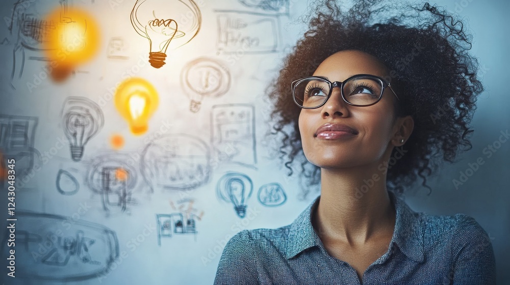 A female entrepreneur working in a vibrant startup hub, brainstorming ideas on a whiteboard, creative and dynamic environment A female entrepreneur working in a vibrant startup hub, brainstorming ideas on a whiteboard, creative and dynamic environment