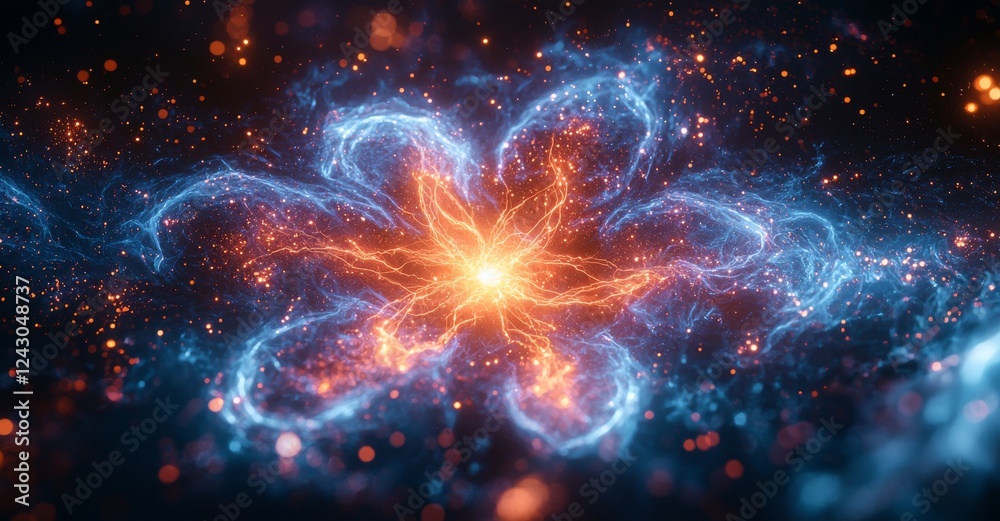 Fototapeta premium A futuristic scene featuring a blue, glowing energy sphere formed by intersecting waves and particles, creating a hi-tech, looped light effect on an abstract background