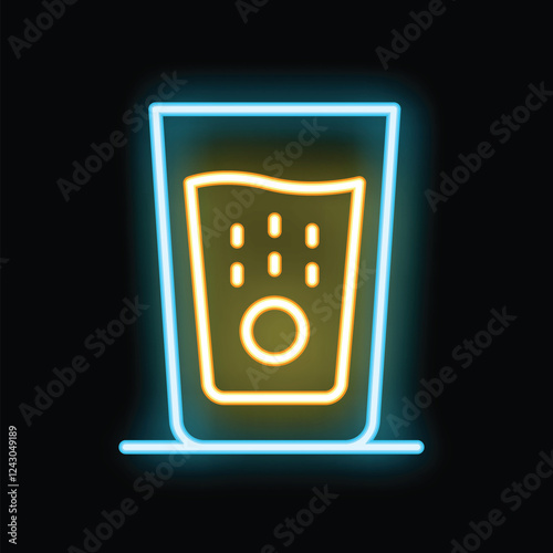 Bright neon sign of a glass with bubbles in blue and yellow on a black background
