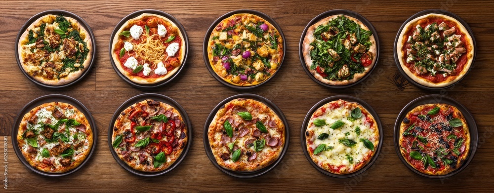 Panoramic view of various pizza and pasta dishes on a dark wooden background with copy space, from a top-down perspective. Panoramic view of various pizza and pasta dishes on a dark wooden background with copy space, from a top-down perspective.
