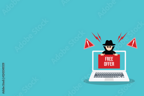 Hacker holding free offer message banner. Hacking concept.	