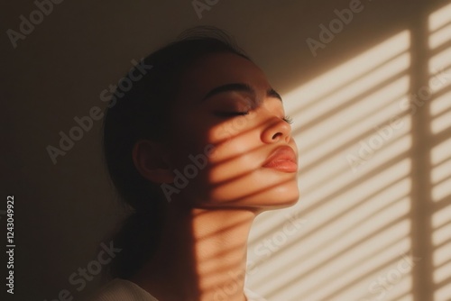 Woman embracing sunlight through window blinds